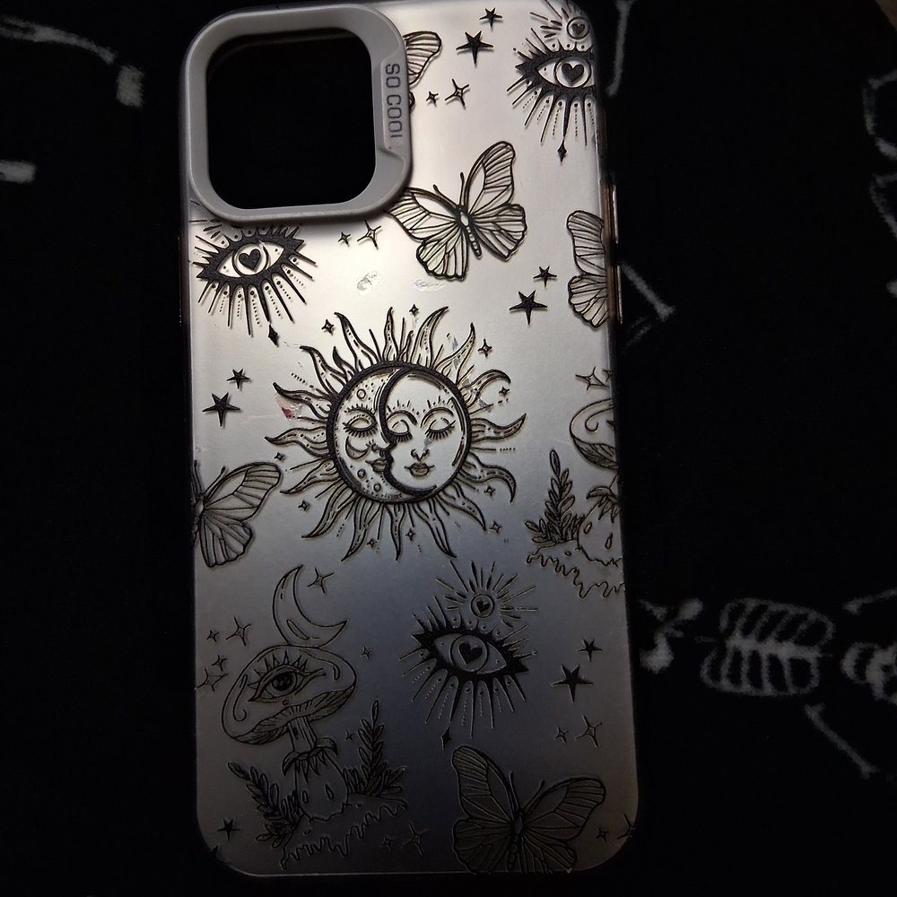 IPhone 12 Silver Phone Case with Sun and Moon Design